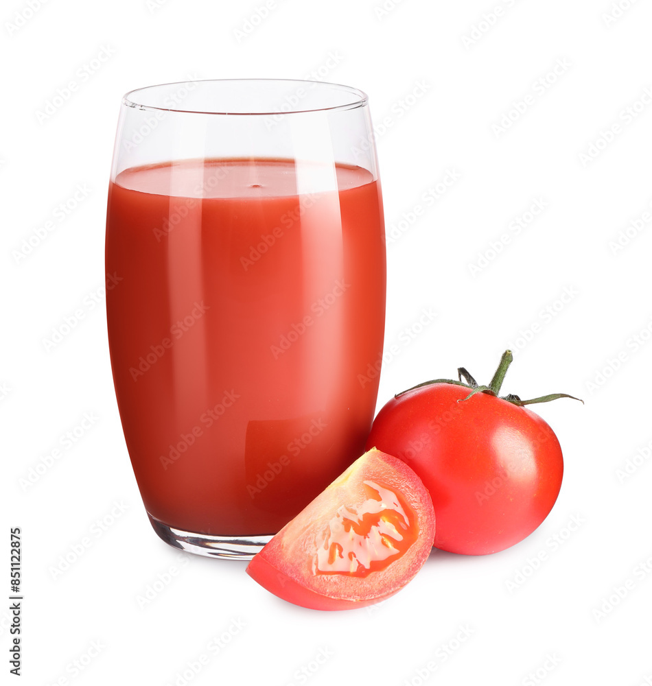 Tasty tomato juice in glass and fresh vegetables isolated on white Tasty tomato juice in glass and fresh vegetables isolated on white