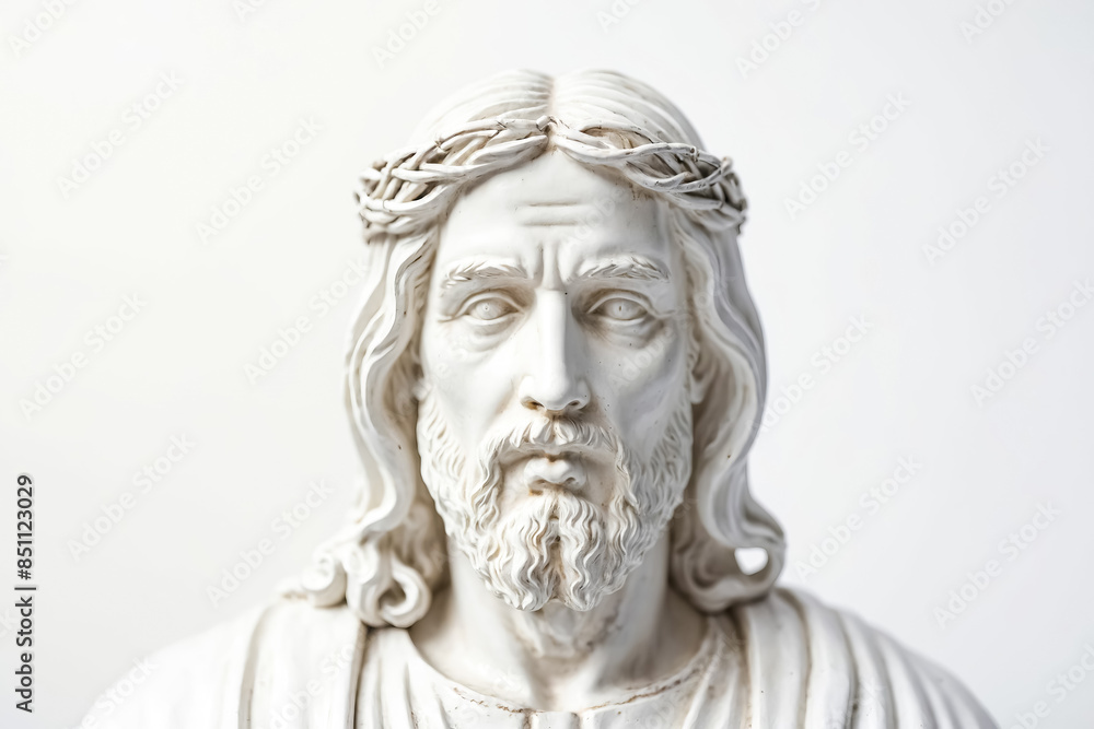 Close-up of a White Jesus Statue with a Crown of Thorns Close-up of a White Jesus Statue with a Crown of Thorns