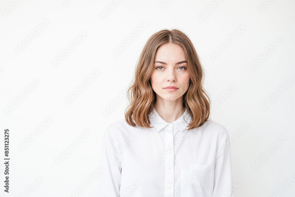 Portrait of a beautiful young woman with brown hair looking straight ahead Portrait of a beautiful young woman with brown hair looking straight ahead