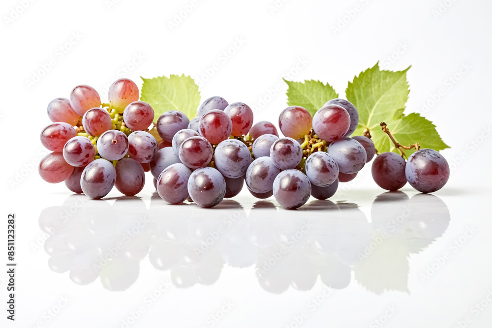 Obraz premium Red Grapes with Green Leaves on White Background