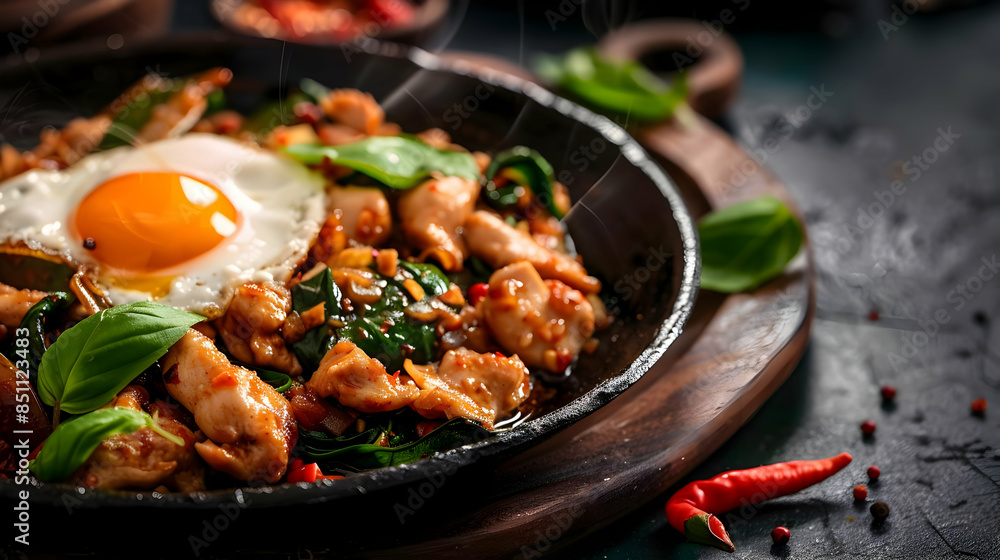 A sizzling plate of spicy Basil Chicken Pad Krapow Gai with fried egg A sizzling plate of spicy Basil Chicken Pad Krapow Gai with fried egg