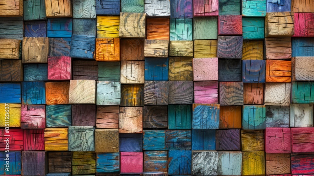 Colorful wooden wall showing variety of square planks forming abstract background Colorful wooden wall showing variety of square planks forming abstract background