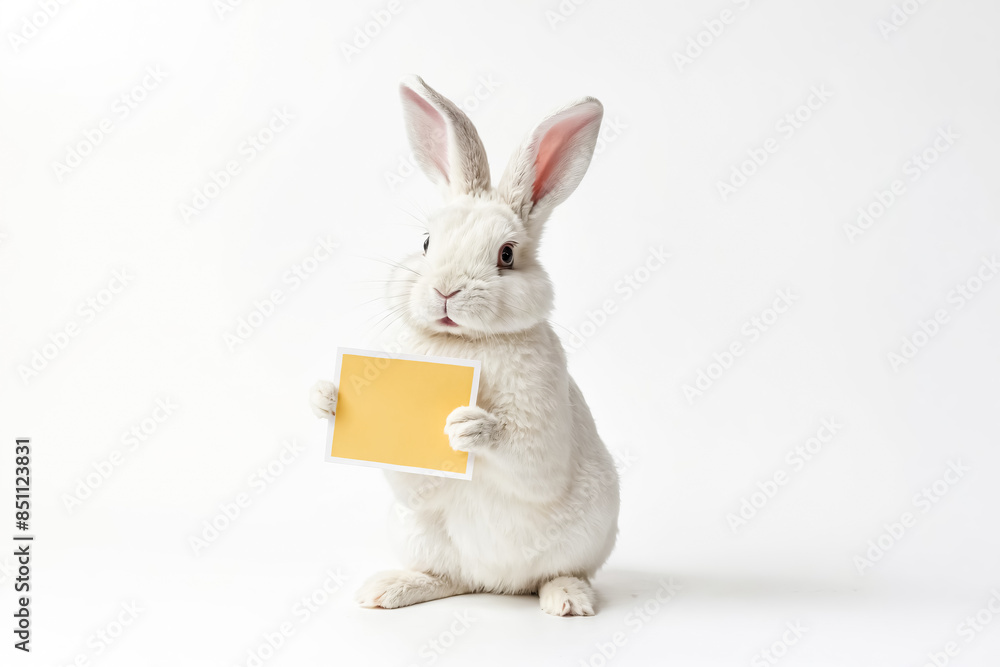 Fototapeta premium White rabbit holding a yellow card