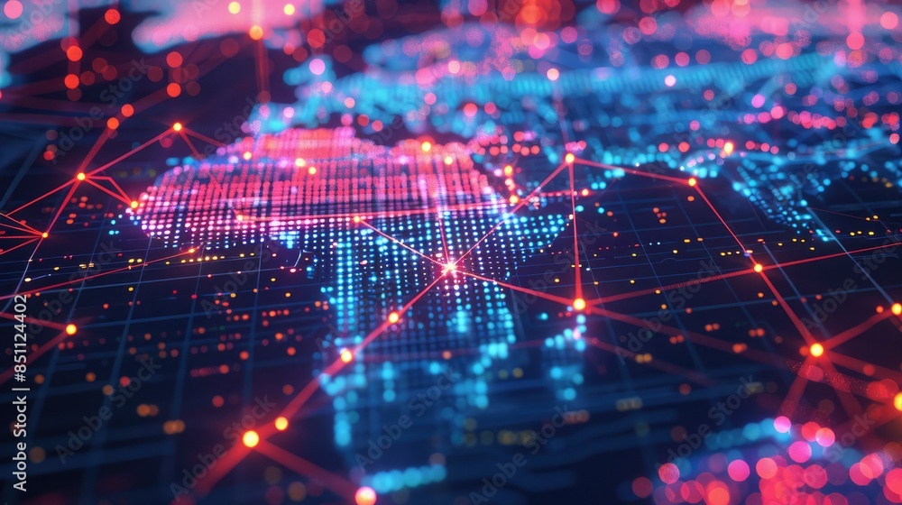 Futuristic digital world map with interconnected data points in vibrant neon colors, showcasing global connectivity and technology. Futuristic digital world map with interconnected data points in vibrant neon colors, showcasing global connectivity and technology.