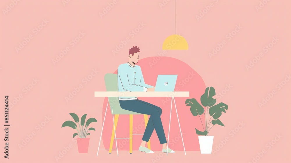 Illustration of a man working on a laptop at a desk in a minimalistic home office setup with plants and hanging light on a pink background. Illustration of a man working on a laptop at a desk in a minimalistic home office setup with plants and hanging light on a pink background.