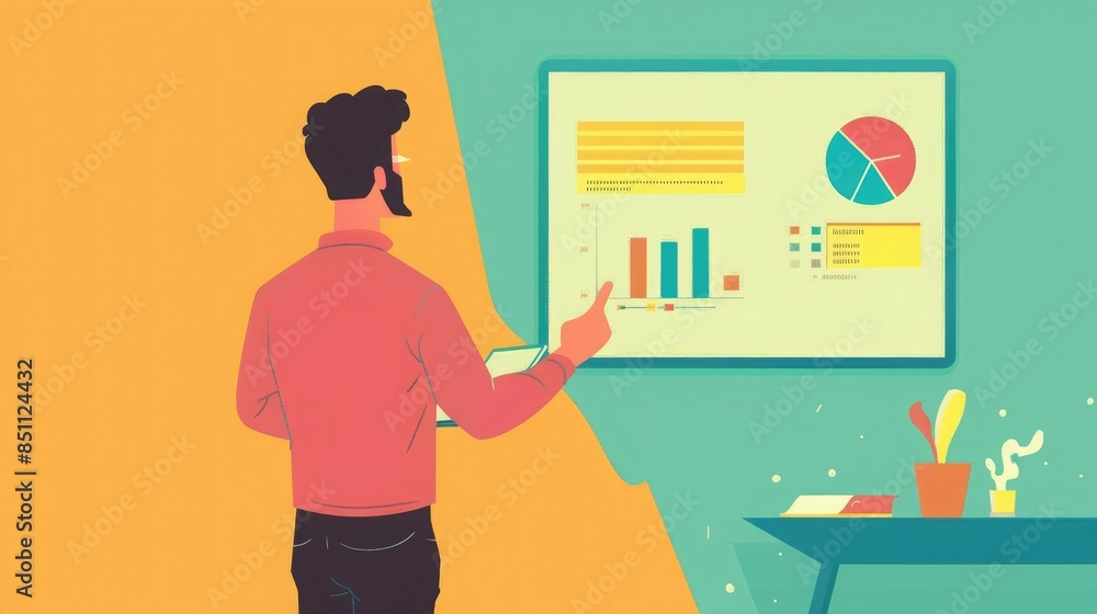 Illustration of a person presenting data on a whiteboard in an office setting. Charts, graphs, and statistics in business meeting. Illustration of a person presenting data on a whiteboard in an office setting. Charts, graphs, and statistics in business meeting.