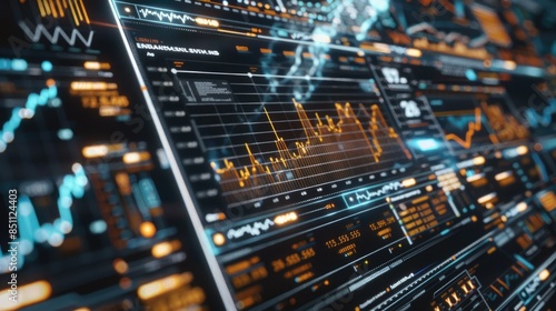 Futuristic financial data visualization with glowing graphs and charts representing market analysis and stock trends in a digital interface.