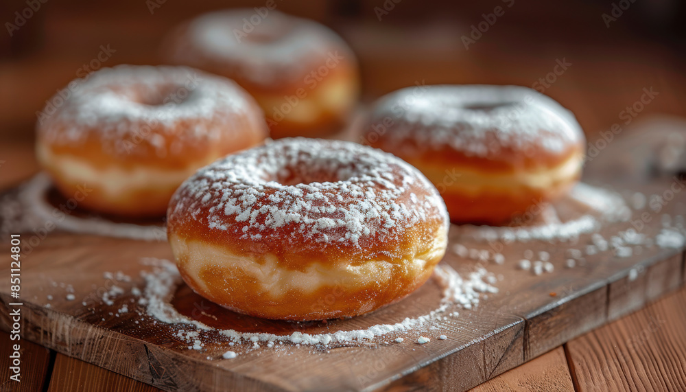 Four donuts with powdered sugar on top