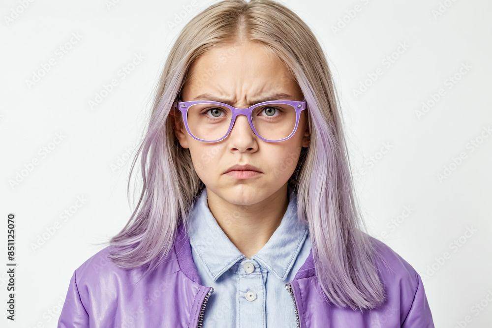 Portrait of a Young Woman with Purple Hair and Glasses, Looking Skeptical Portrait of a Young Woman with Purple Hair and Glasses, Looking Skeptical