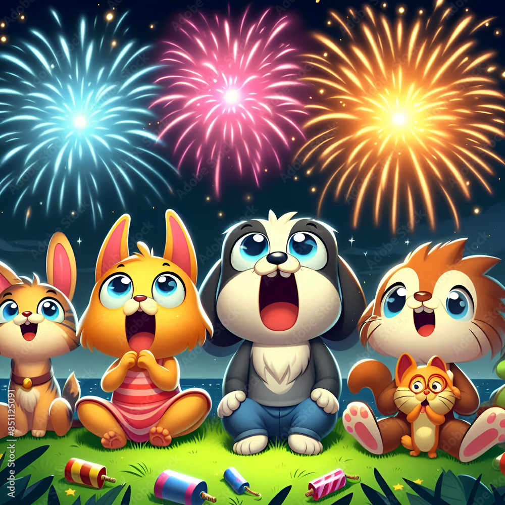 Loving Cartoon Cute Dogs, Puppies, Cats, Kittens, and Rabbits Pet Animals Sitting on Grass Ground with Flowers Mouths Open Watching Summer Holiday Vacation 4th of July Fireworks at night sky. Memories Loving Cartoon Cute Dogs, Puppies, Cats, Kittens, and Rabbits Pet Animals Sitting on Grass Ground with Flowers Mouths Open Watching Summer Holiday Vacation 4th of July Fireworks at night sky. Memories