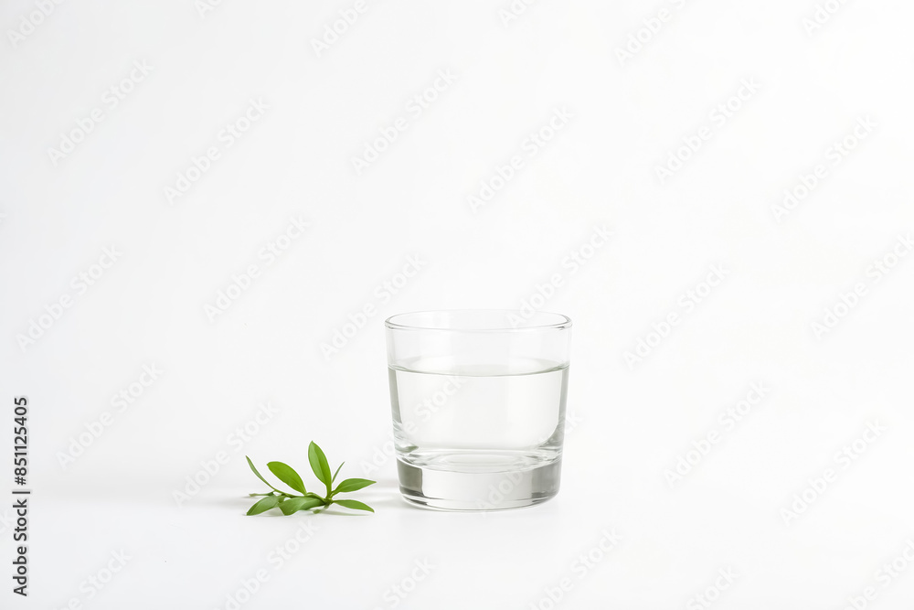 Glass of Water and Sprig of Green Leaves on White Background Glass of Water and Sprig of Green Leaves on White Background