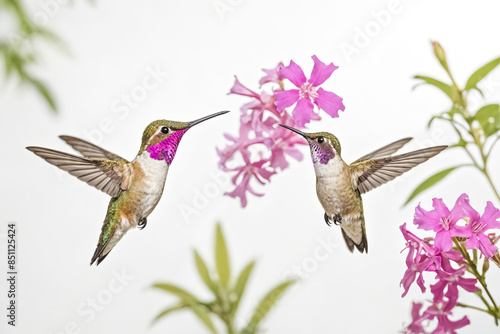 Two Hummingbirds Hovering Near Pink Flowers © Rysak