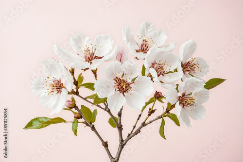 White Cherry Blossom Branch on Pink Background