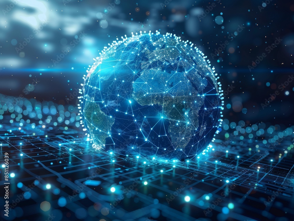 An illustration of global communication and the earth surrounded by cyberspace. An illustration of global communication and the earth surrounded by cyberspace.