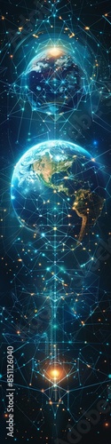 An illustration of global communication and the earth surrounded by cyberspace. 