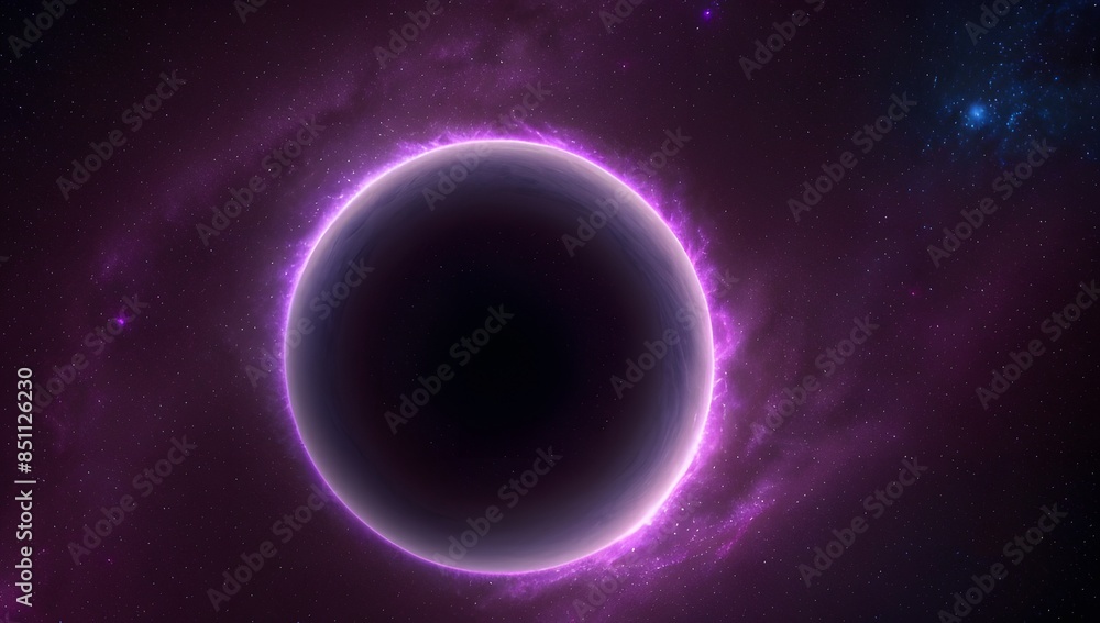 Obraz premium A stunning depiction of a dark planet silhouetted against the backdrop of deep space, surrounded by a glowing purple ring of light