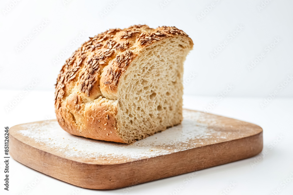 Freshly Baked Loaf of Bread with Seeds on Wooden Cutting Board Freshly Baked Loaf of Bread with Seeds on Wooden Cutting Board