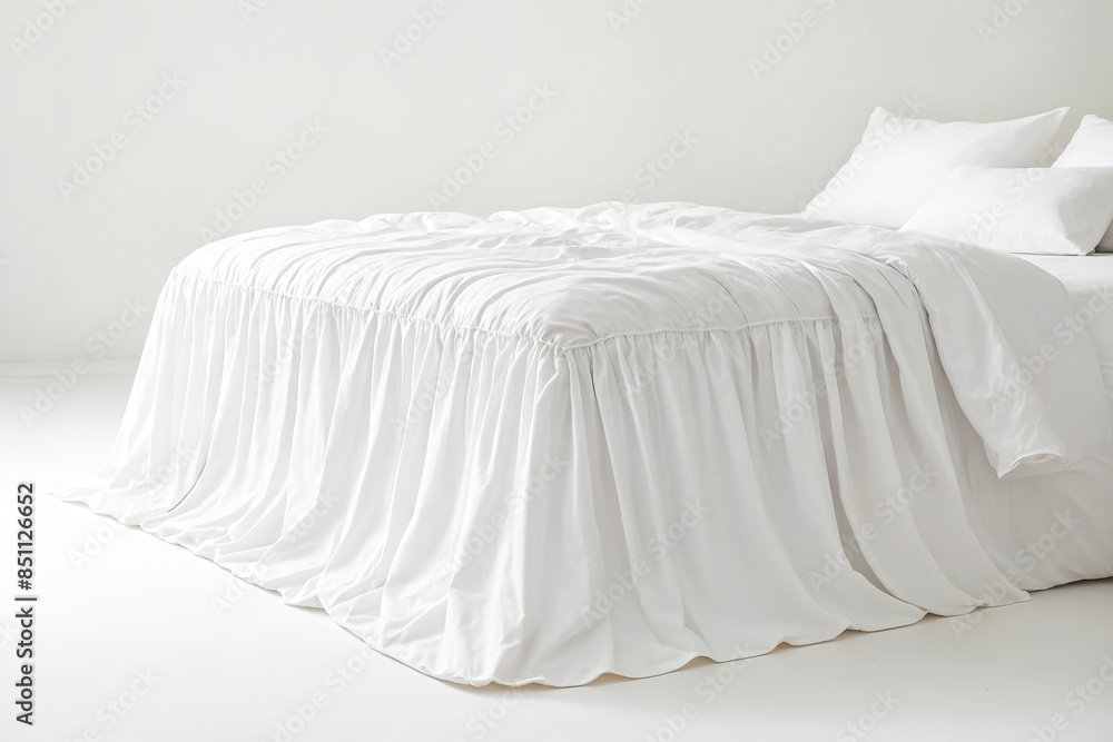 White Bedding with Ruffled Skirt on White Background White Bedding with Ruffled Skirt on White Background