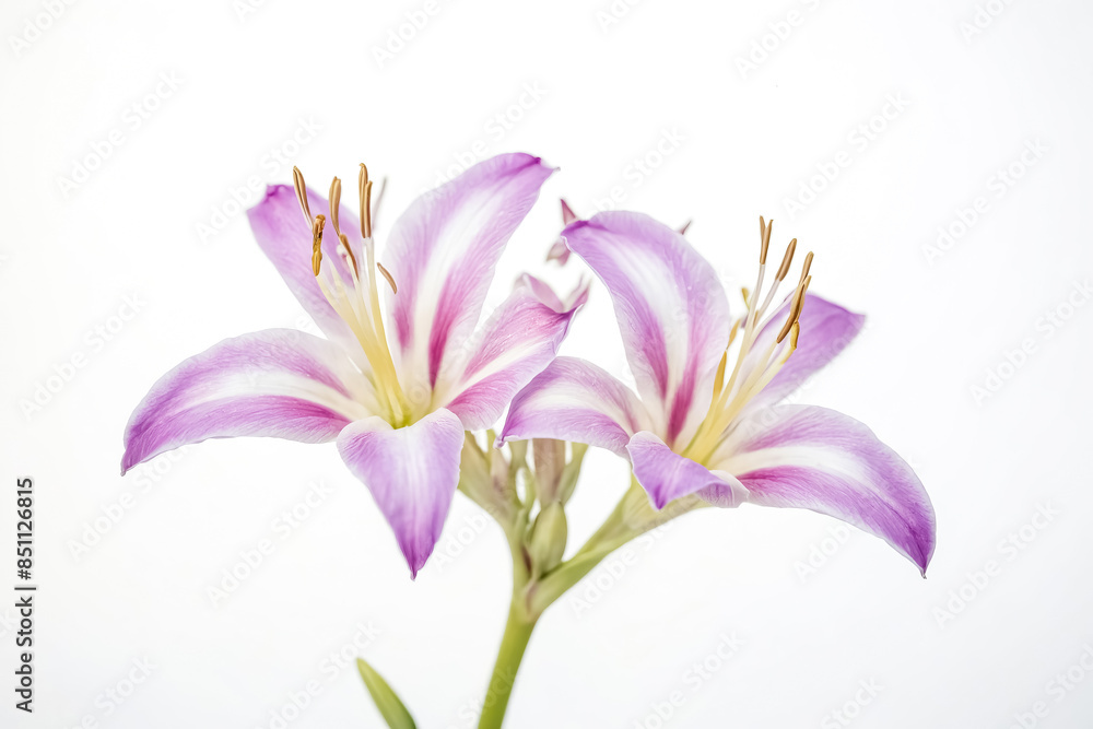 Closeup of delicate purple flower on white background Closeup of delicate purple flower on white background