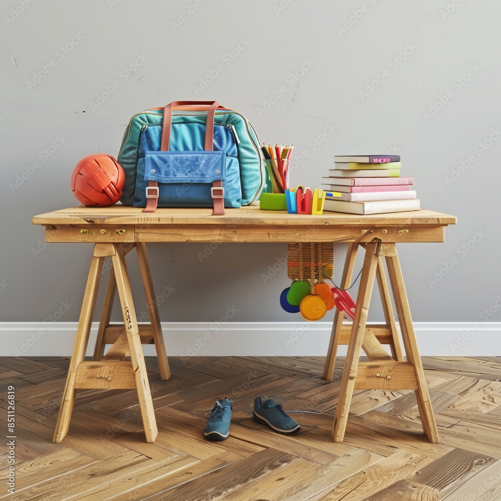School table with School bag and class accessory 3D background School table with School bag and class accessory 3D background