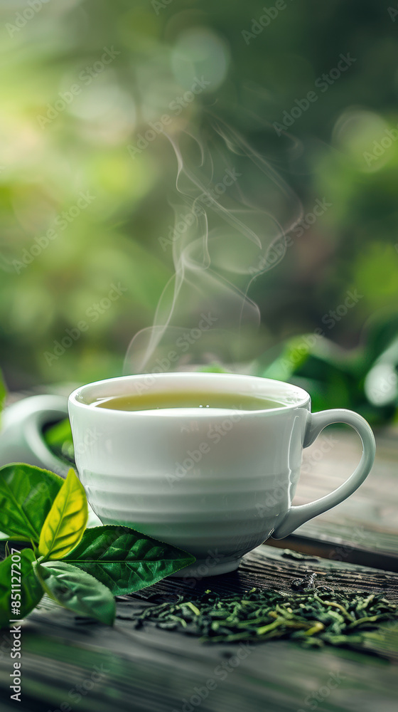 A white mug with green leaves on top of it A white mug with green leaves on top of it