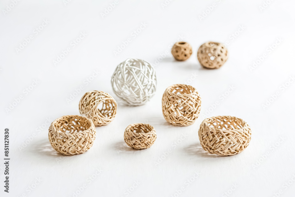 Woven Sphere and Bowls on a White Background Woven Sphere and Bowls on a White Background