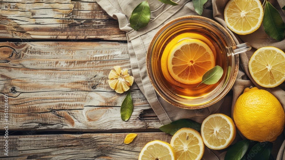 Organic lemon fruit tea in a cup on a natural wooden surface Organic lemon fruit tea in a cup on a natural wooden surface