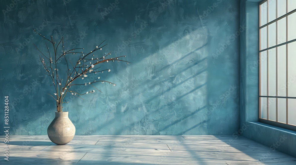 Empty interior background, room with blue wall, vase with branch and window 3d rendering. Empty interior background, room with blue wall, vase with branch and window 3d rendering.