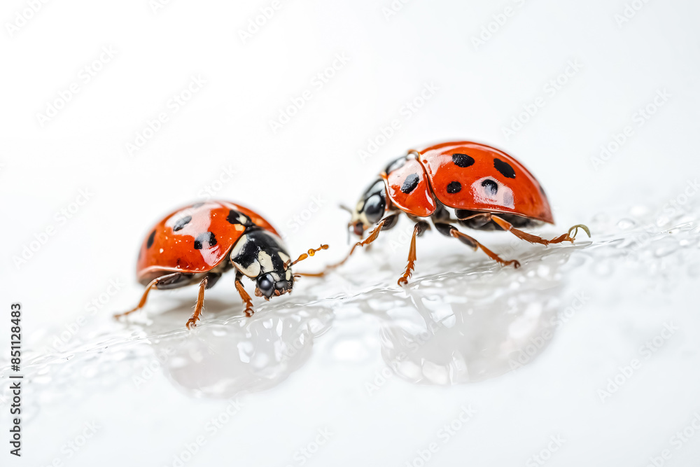 Fototapeta premium Two ladybugs on a white surface