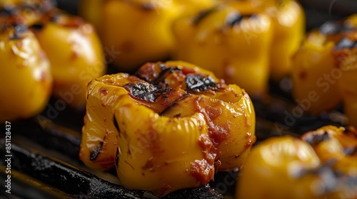 Detailed close-up of yellow paprika on the grill, with a smoky, burnt texture, emphasizing the charred skin and bright yellow flesh