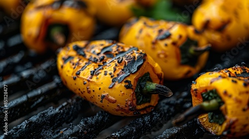 Detailed shot of charred yellow paprika on a grill, highlighting the smoky, burnt texture, rich yellow tones with grill marks