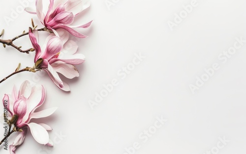 Photo of Magnolia branch with pink flowers on white background, free space for text © Anak