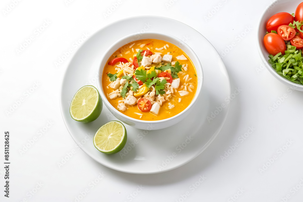 Close-up of Thai Chicken Soup with Rice Noodles, Tomatoes, and Cilantro Close-up of Thai Chicken Soup with Rice Noodles, Tomatoes, and Cilantro