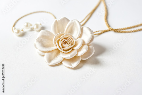 White Silk Flower with Pearl Necklace on White Background