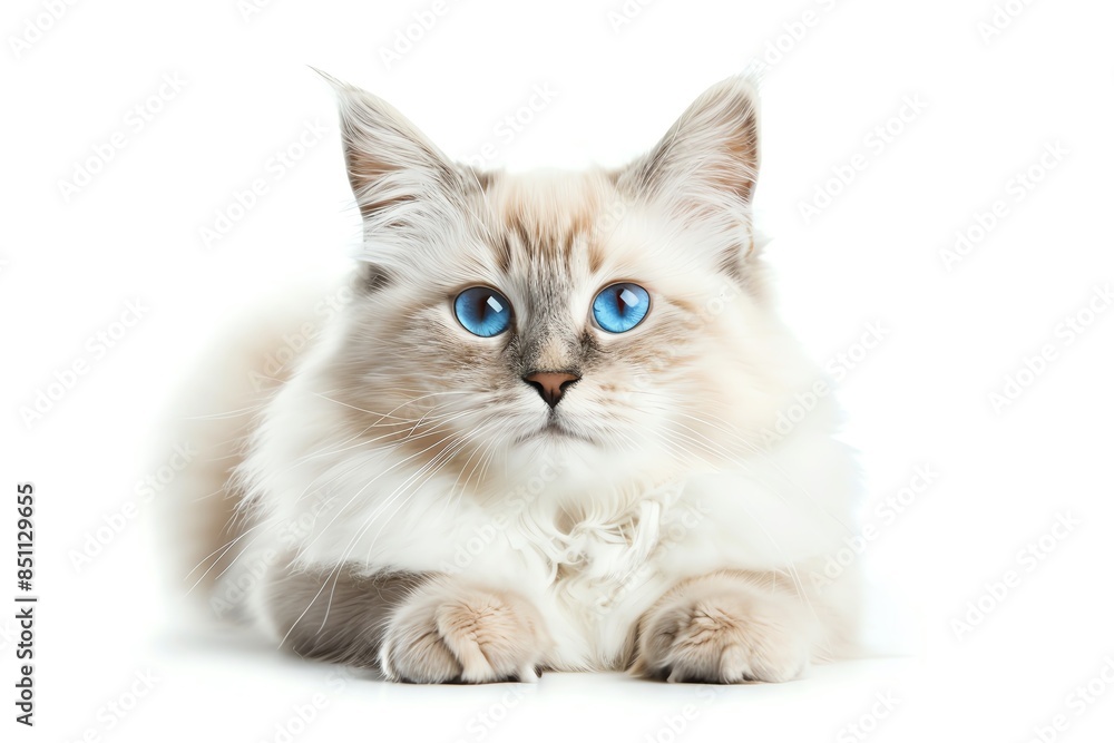 Cute fluffy cat with blue eyes lying on white background. Cute fluffy cat with blue eyes lying on white background.