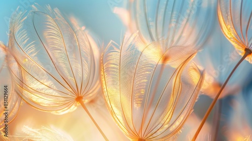 Intricate macro shot of dandelion seeds dispersing, gentle and delicate shades, creative banner with floating seeds, spacious copyspace