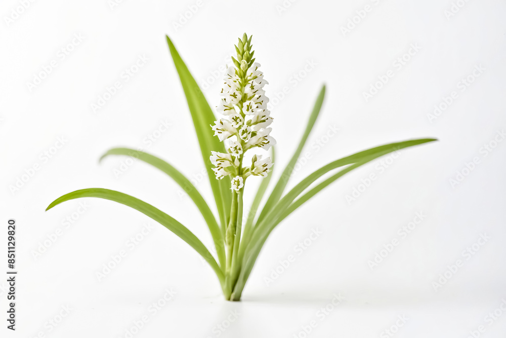 Obraz premium White Flower with Green Leaves on White Background