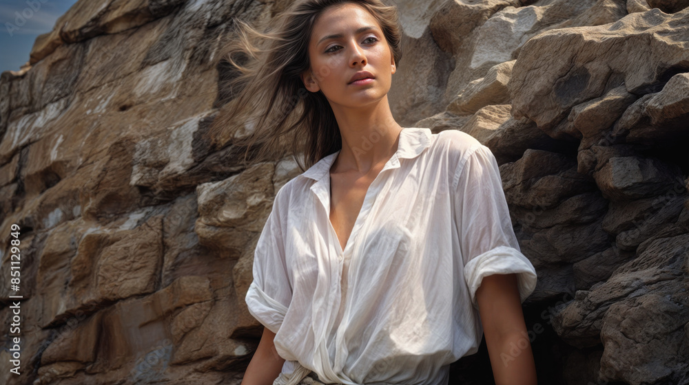 Outdoor portrait of a woman wearing a white shirt and standing against a wall of stone. Outdoor portrait of a woman wearing a white shirt and standing against a wall of stone.