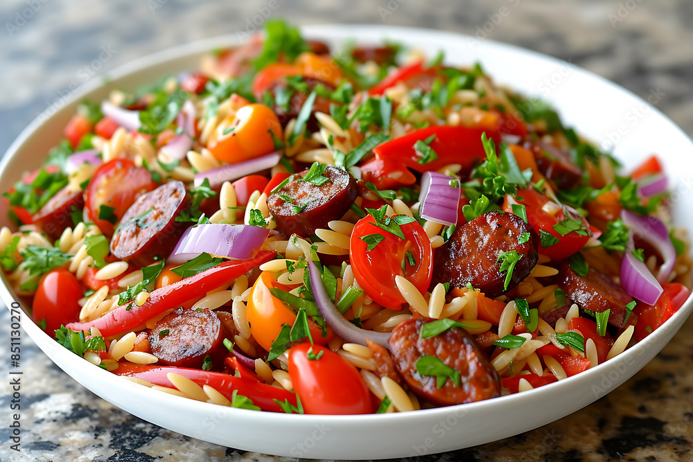 Vegetable salad with sausages, tomatoes, onions and parsley in a bowl on a wooden background. Vegetable salad with sausages, tomatoes, onions and parsley in a bowl on a wooden background.