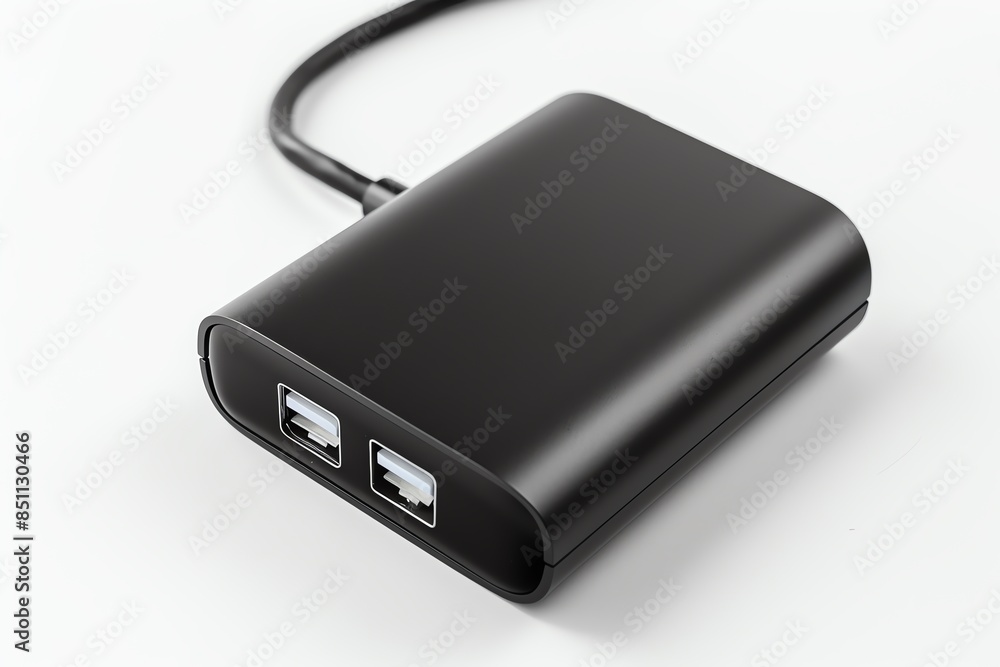 Black USB hub with two ports and a cable, isolated on a white background. Black USB hub with two ports and a cable, isolated on a white background.