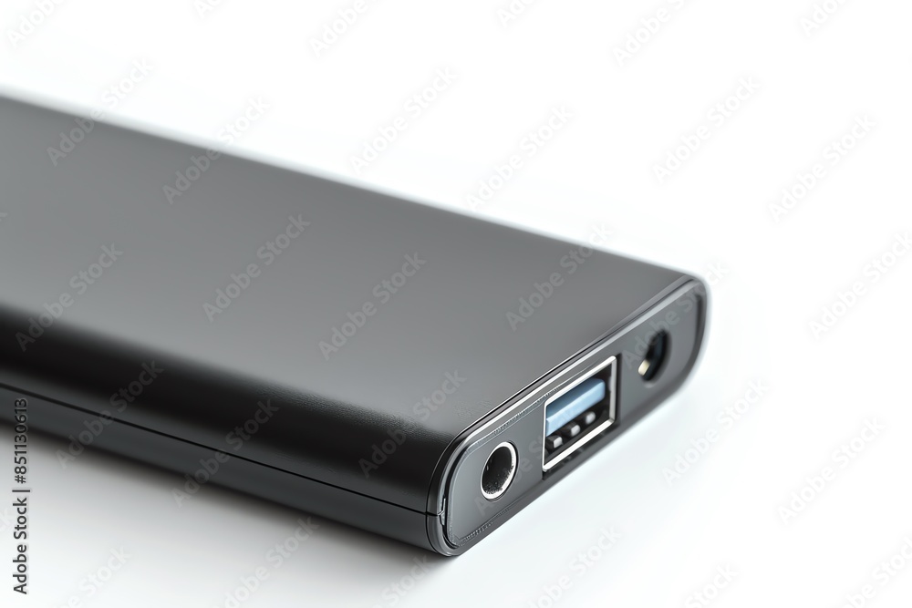 Black external hard drive with USB and audio ports. Black external hard drive with USB and audio ports.