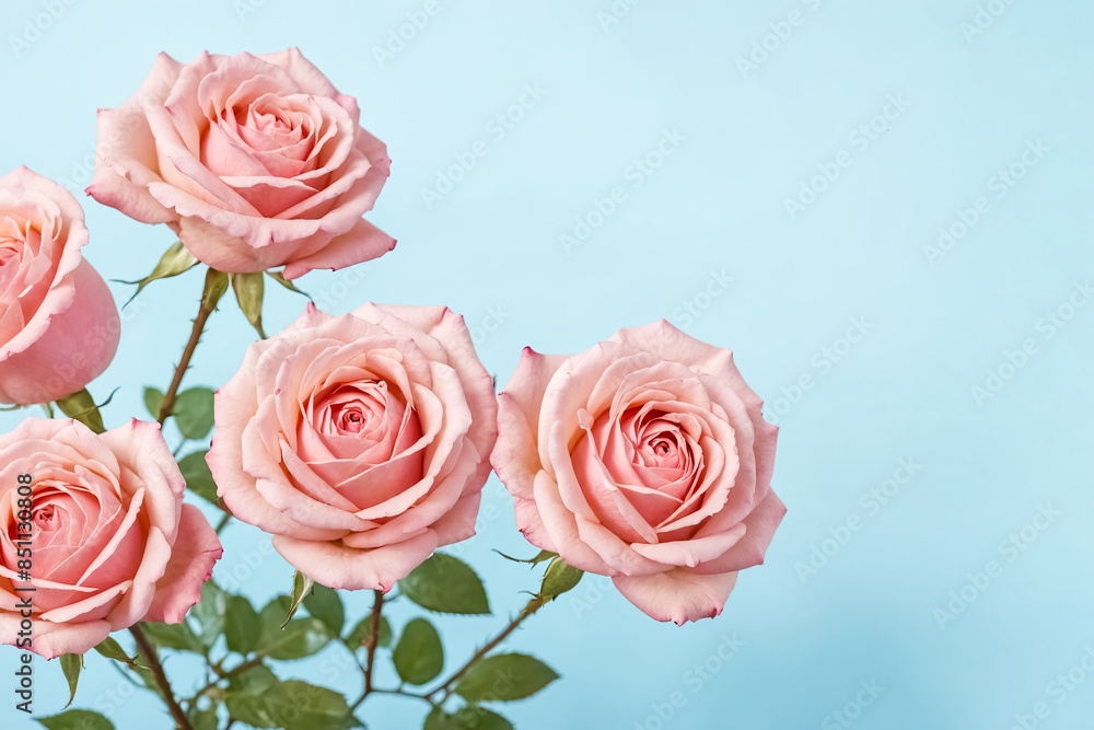 Delicate Pink Roses on a Light Blue Background Delicate Pink Roses on a Light Blue Background