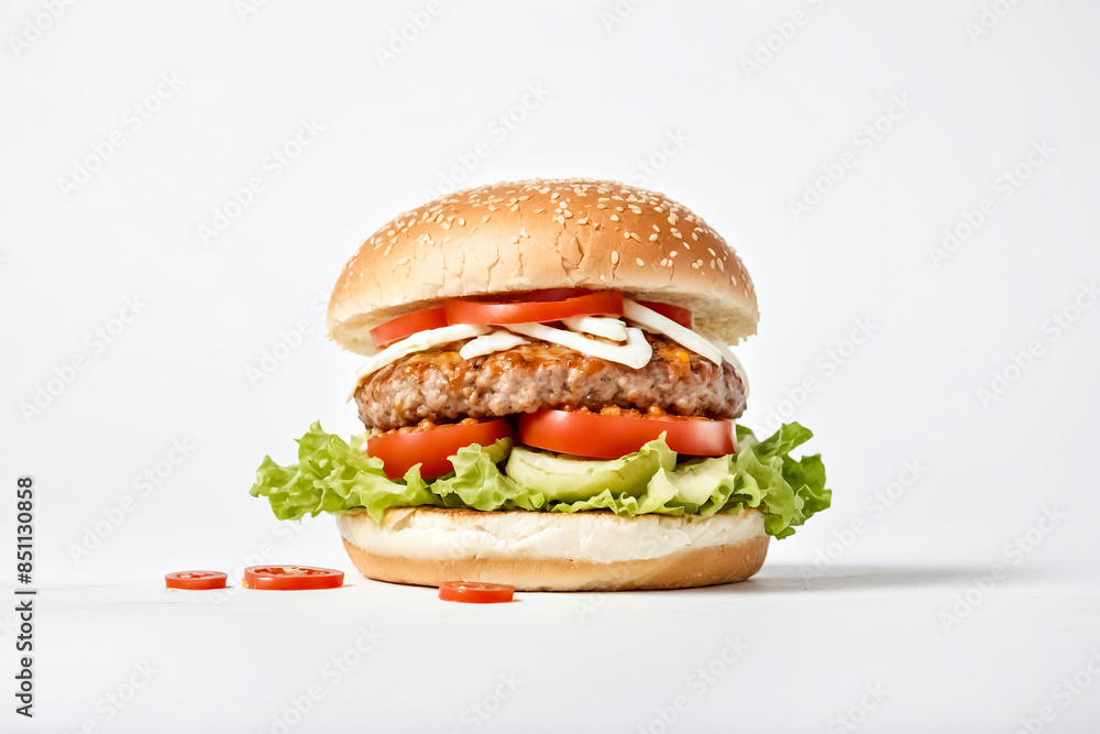 Close-up of a Delicious Hamburger with Sesame Seed Bun Close-up of a Delicious Hamburger with Sesame Seed Bun