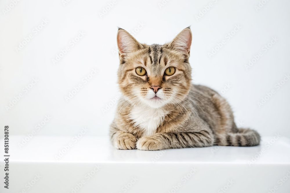 Closeup of a tabby cat lying on a white surface Closeup of a tabby cat lying on a white surface