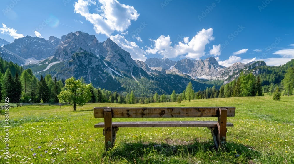 Rustic bench in a grassy meadow, green forest and majestic mountains under a bright blue sky, peaceful and inviting scene, plenty of copyspace Rustic bench in a grassy meadow, green forest and majestic mountains under a bright blue sky, peaceful and inviting scene, plenty of copyspace