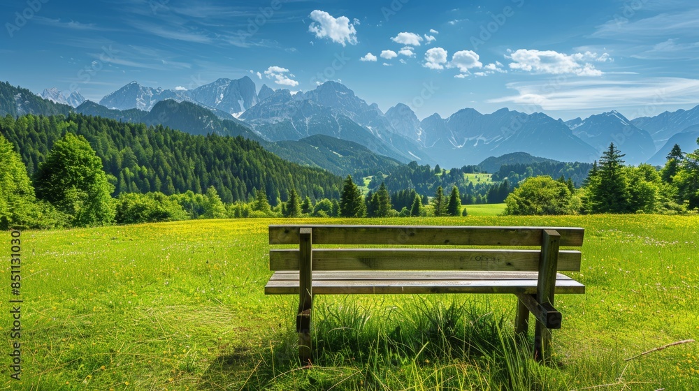 Rustic bench in a grassy meadow, green forest and majestic mountains under a bright blue sky, peaceful and inviting scene, plenty of copyspace Rustic bench in a grassy meadow, green forest and majestic mountains under a bright blue sky, peaceful and inviting scene, plenty of copyspace