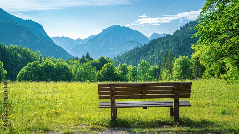 Scenic bench overlooking a green forest and mountain range, open meadow with a clear blue sky, creative banner with ample copyspace Scenic bench overlooking a green forest and mountain range, open meadow with a clear blue sky, creative banner with ample copyspace