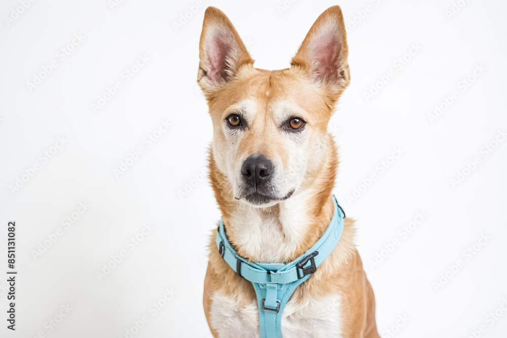 Portrait of a Beige Dog with Blue Collar Portrait of a Beige Dog with Blue Collar