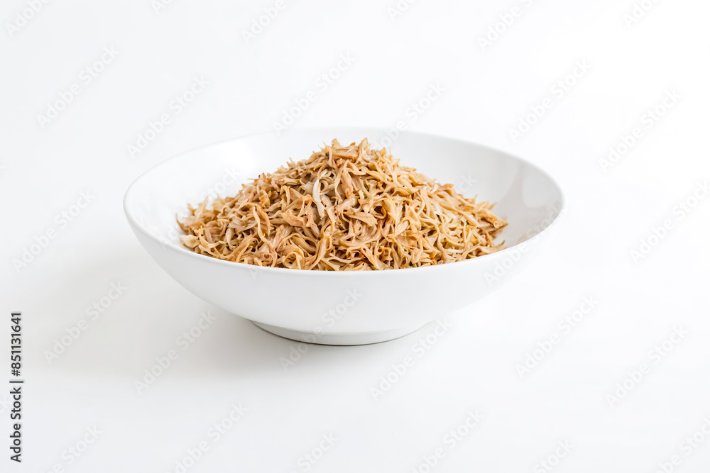 Closeup of Shredded Jackfruit in a White Bowl Closeup of Shredded Jackfruit in a White Bowl