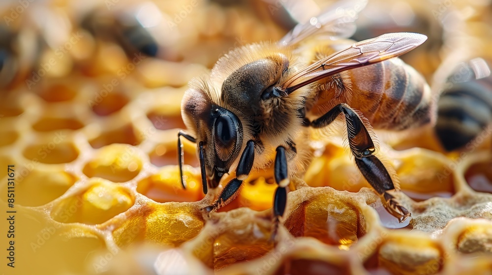 Extreme close-up of a honeybee collecting nectar from a honeycomb on a white background. Detailed macro shot showcasing the bees work and the intricate honeycomb structure